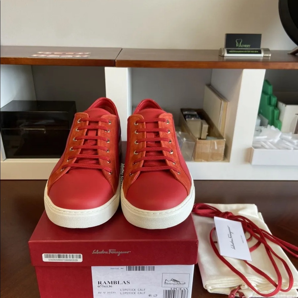New Authentic Ferragamo Ramblas Red Men Fashion Sneakers Size 10